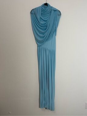 NWT Deme Sky Blue Draped Grecian Maxi Gown S Ruched Goddess Evening Dress